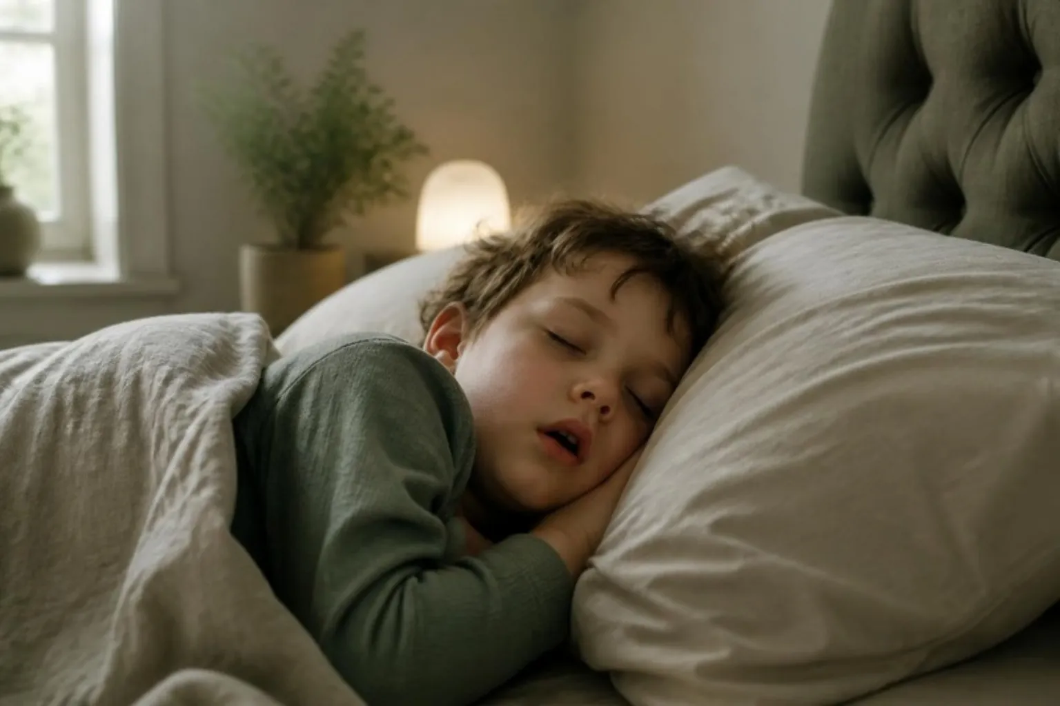 A sleeping child with mouth slightly open, soft night light in a bedroom