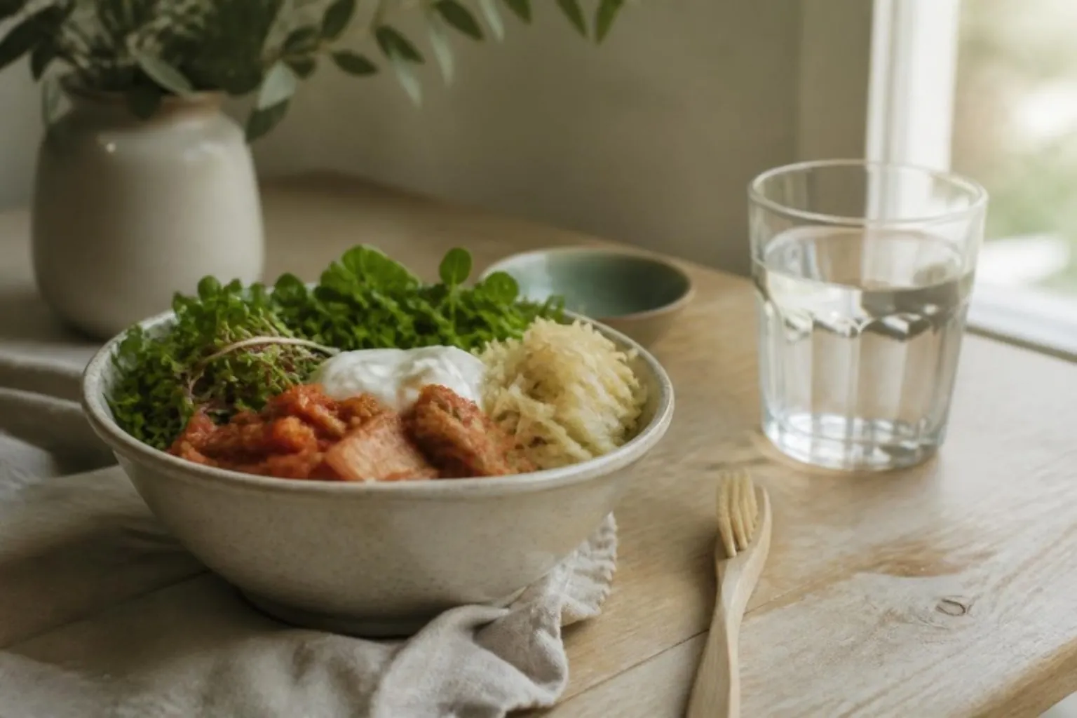 A bowl of fermented foods, yoghurt and greens on a wooden table next to a toothbrush and glass of water