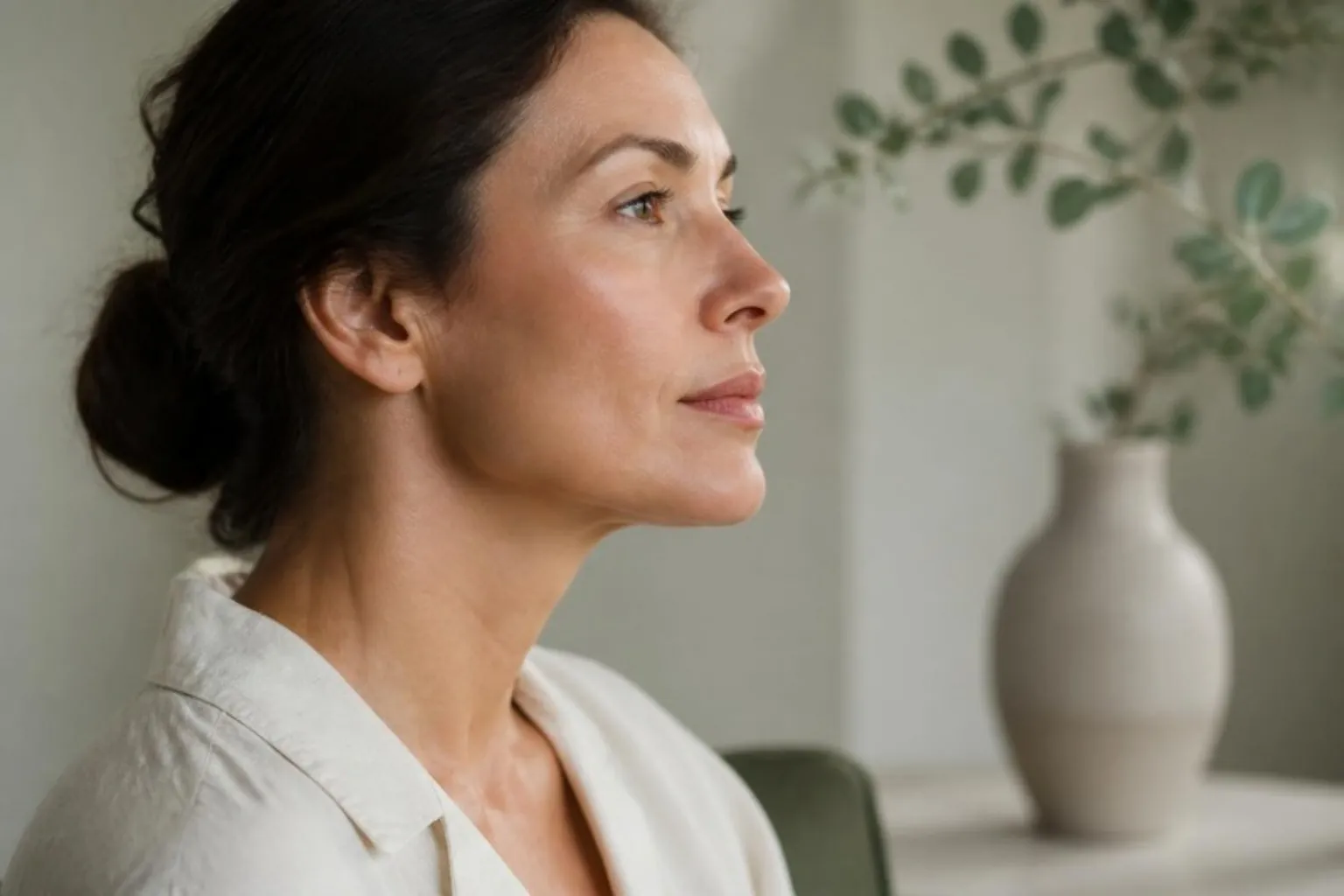 Side profile of a woman's jawline in soft daylight