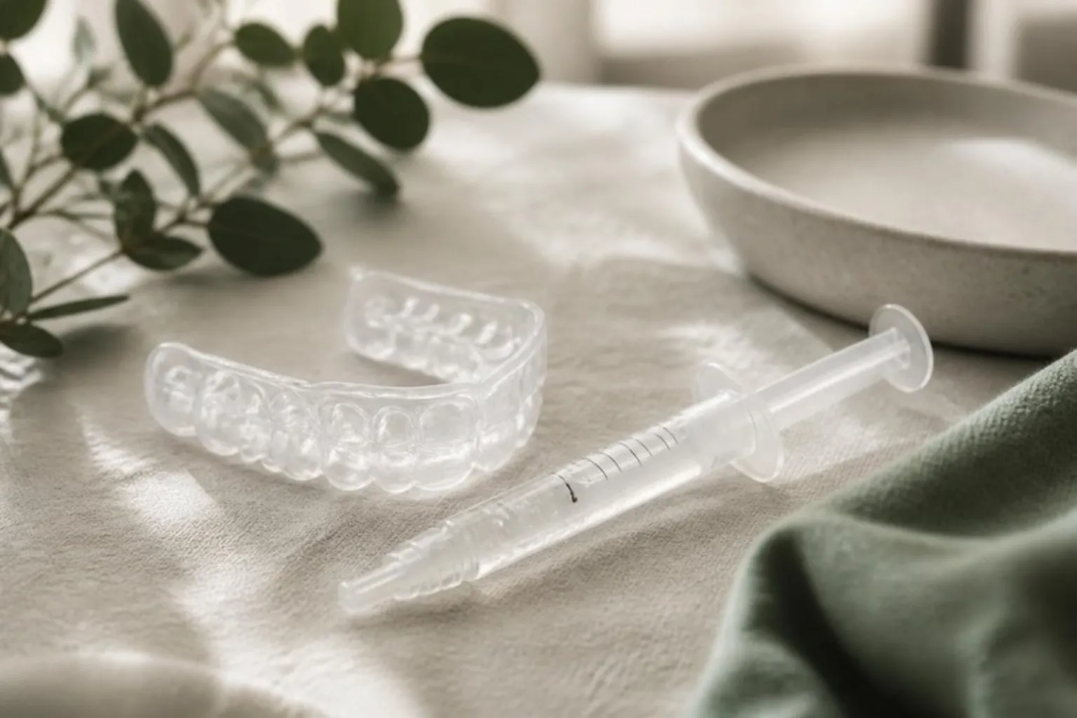 A whitening gel syringe and a custom whitening tray on cream linen