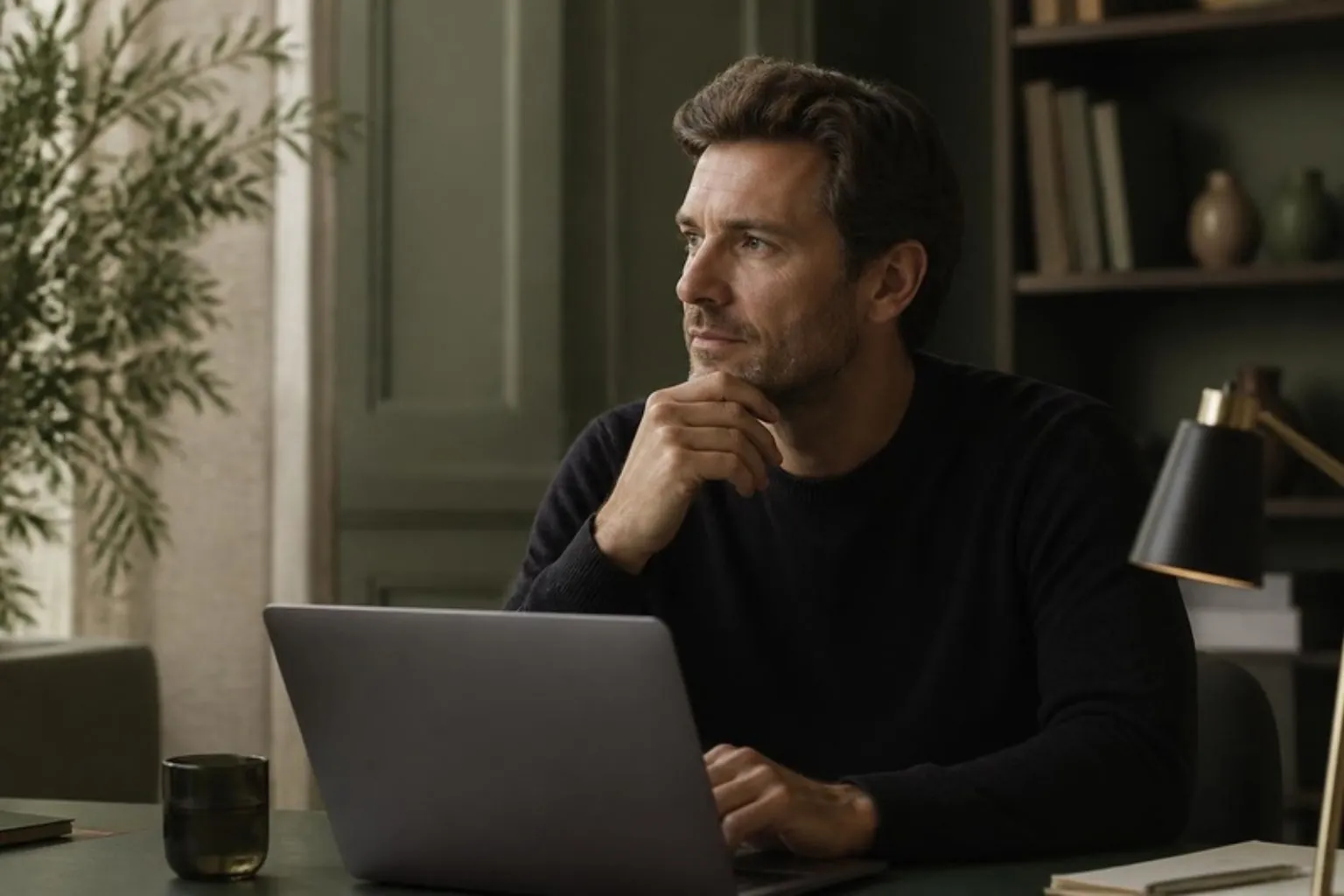 A man at a laptop pausing with his hand at his jaw, evening desk light