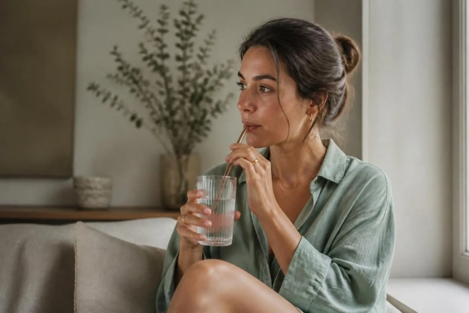 A woman sipping water through a straw, relaxed, at home