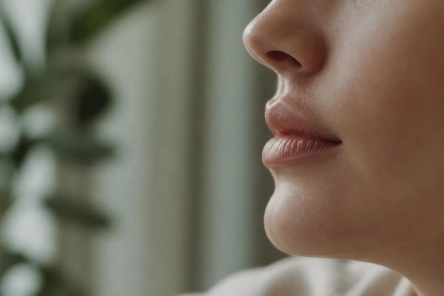 Close crop of natural full lips in profile, soft daylight