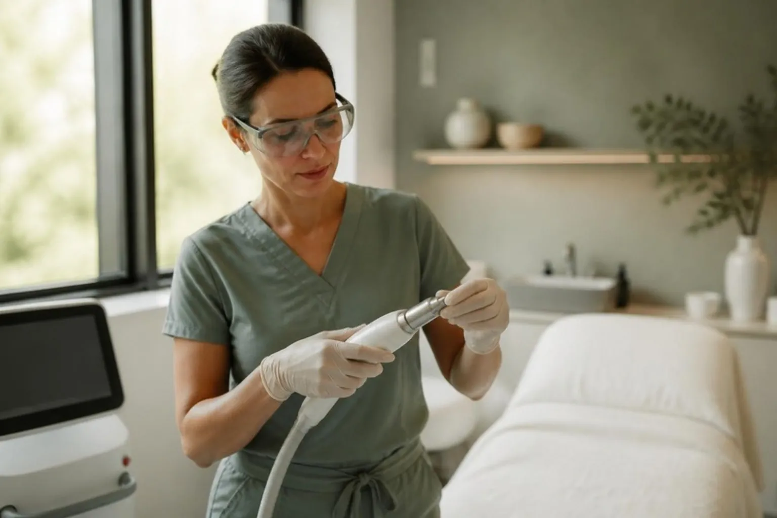 A clinician wearing protective glasses preparing a laser handpiece, calm treatment room