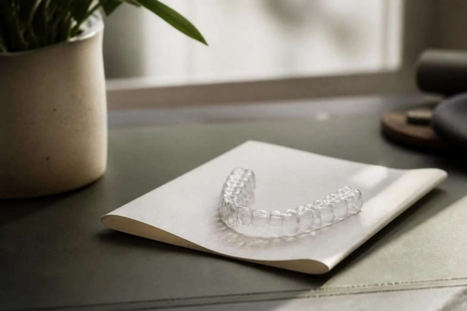 A clear aligner tray resting on a folded paper invoice on a desk