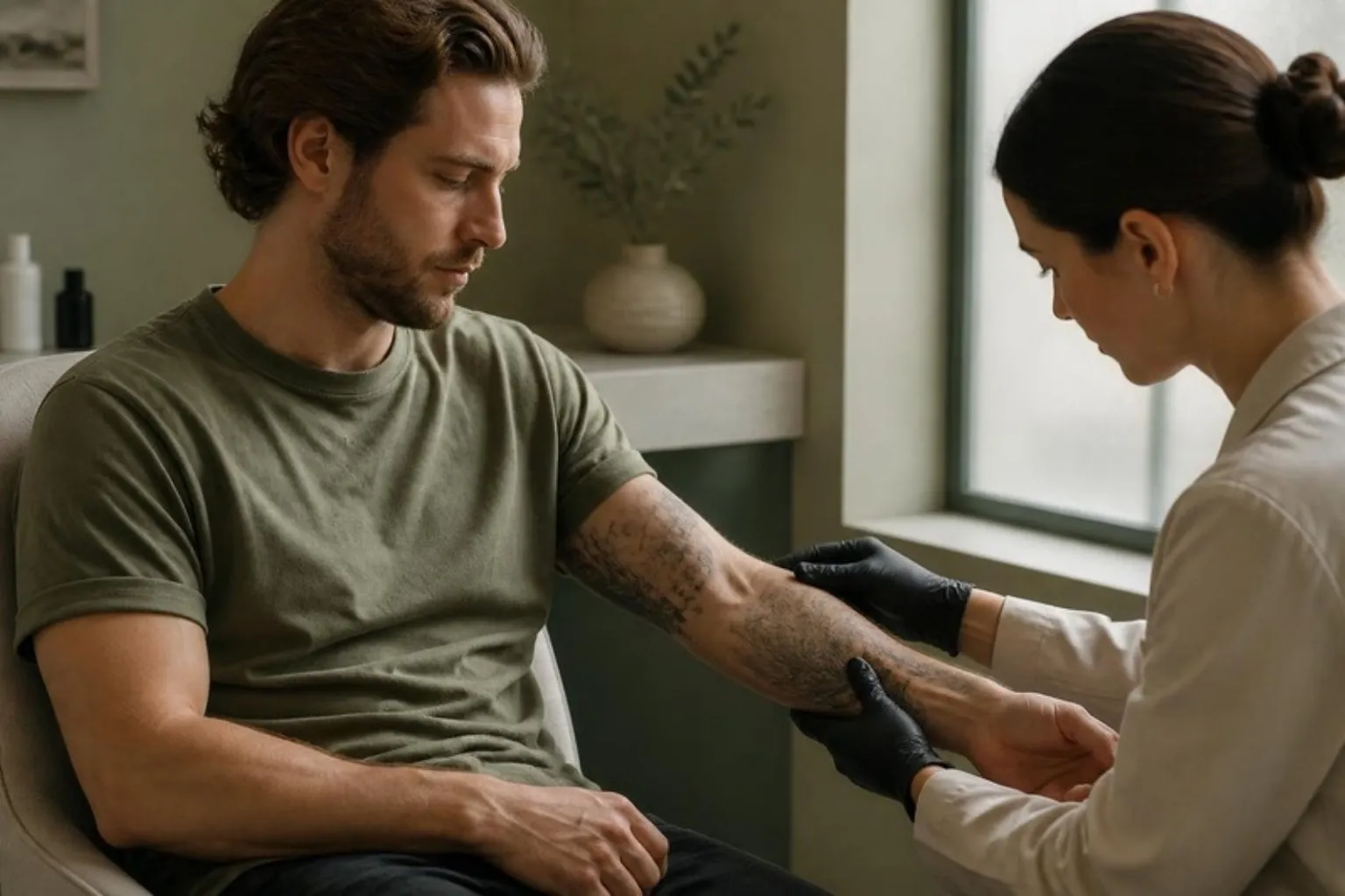 A forearm tattoo being assessed by a gloved clinician