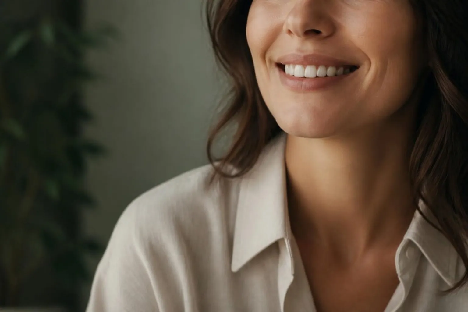 Close crop of a natural relaxed smile showing the upper lip line, soft daylight