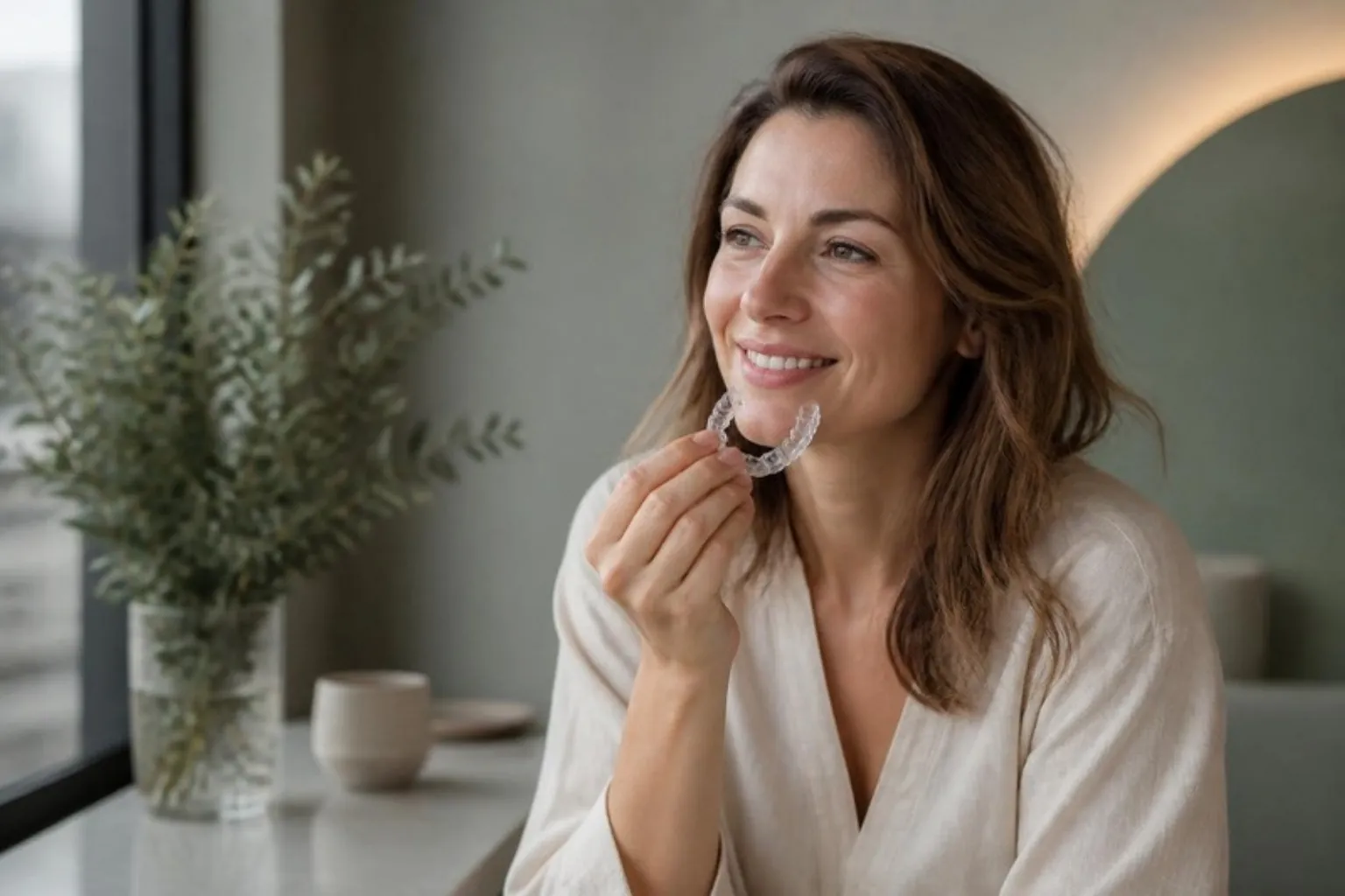 A woman smiling holding a clear aligner, natural daylight