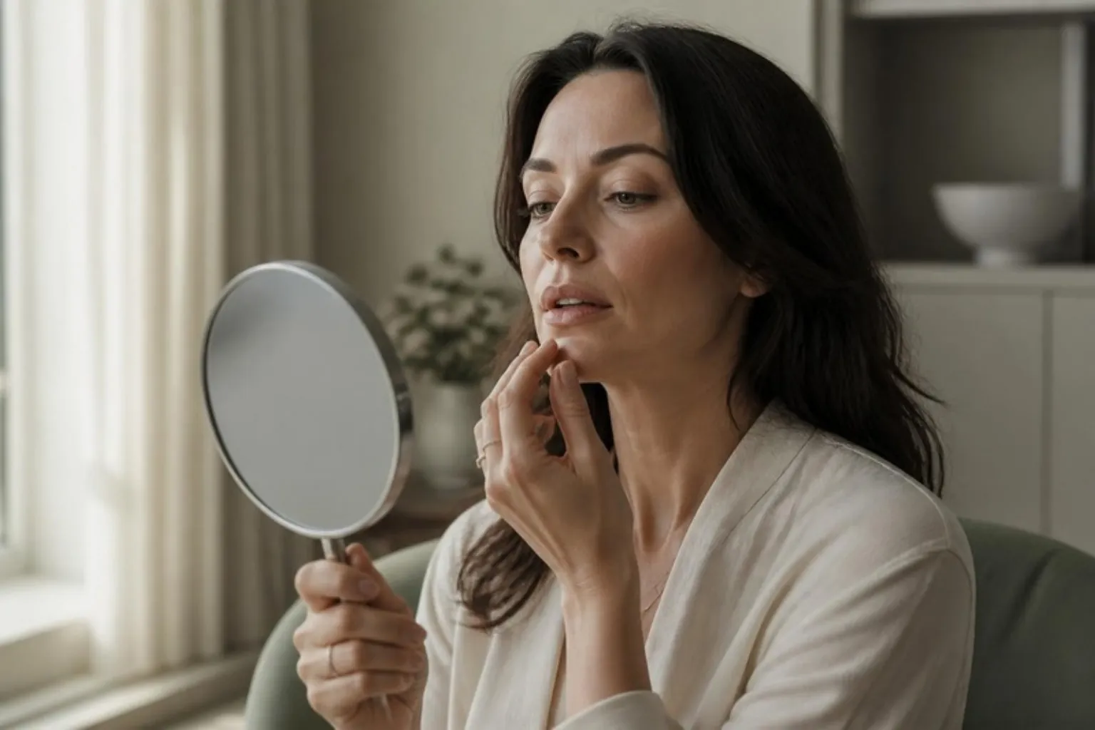 A woman checking her lips in a hand mirror, calm expression