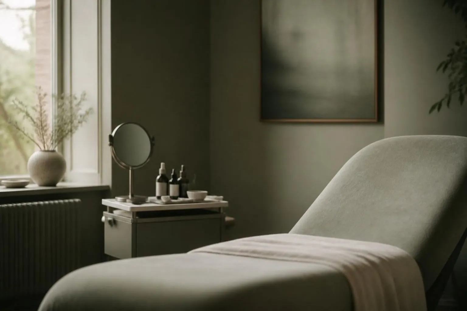 A calm treatment room with a small tray and a mirror on a stand