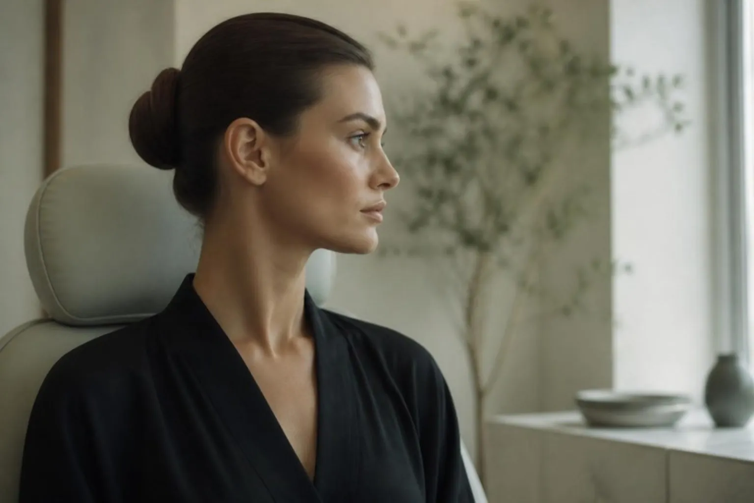 Side profile of a woman's defined jawline in soft light
