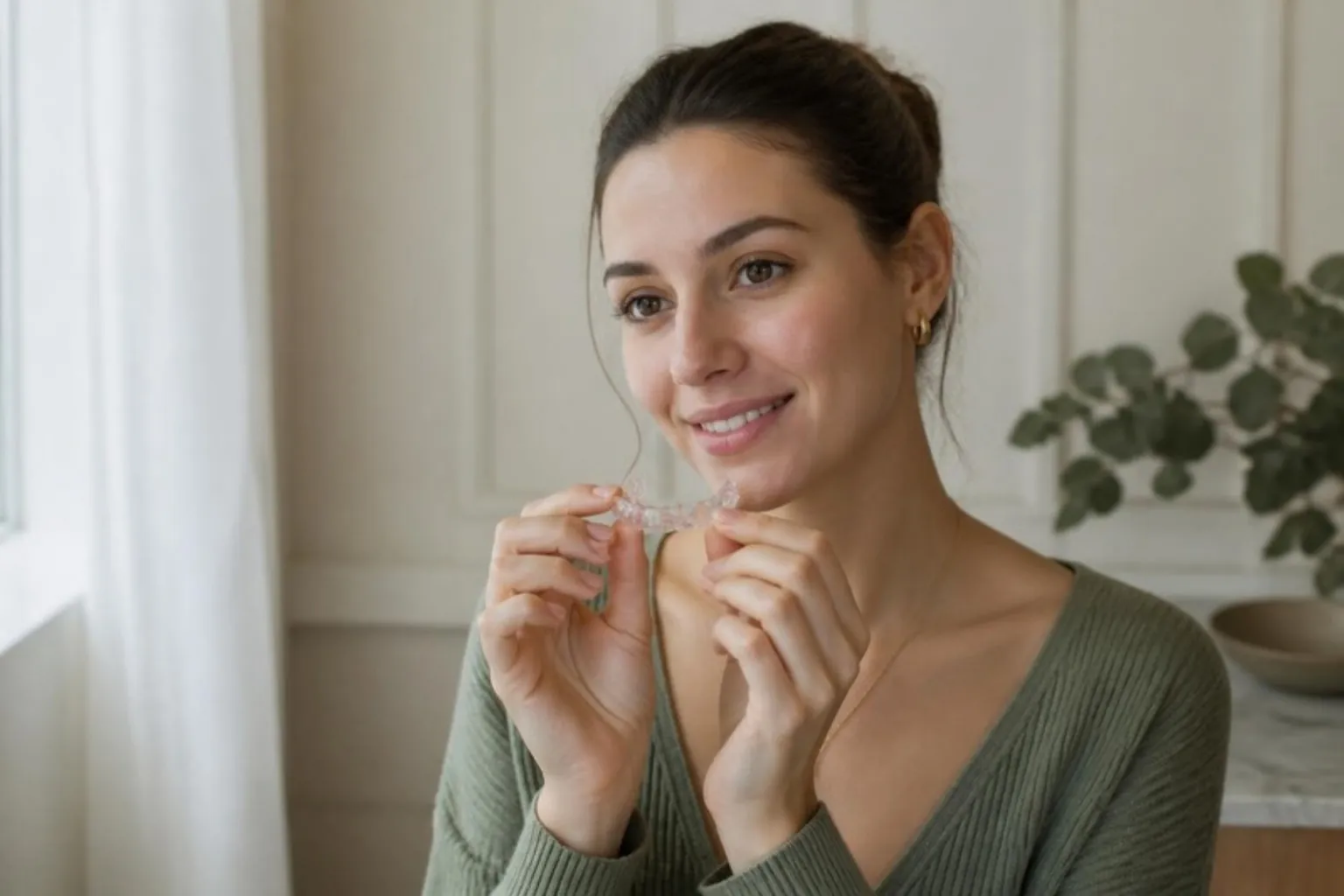 A woman smiling softly holding a clear aligner, upper lip relaxed, natural daylight