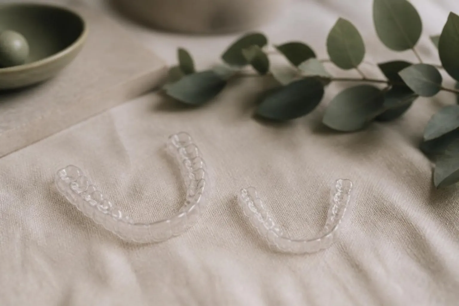 Two clear aligner trays of different sizes on a cream linen surface