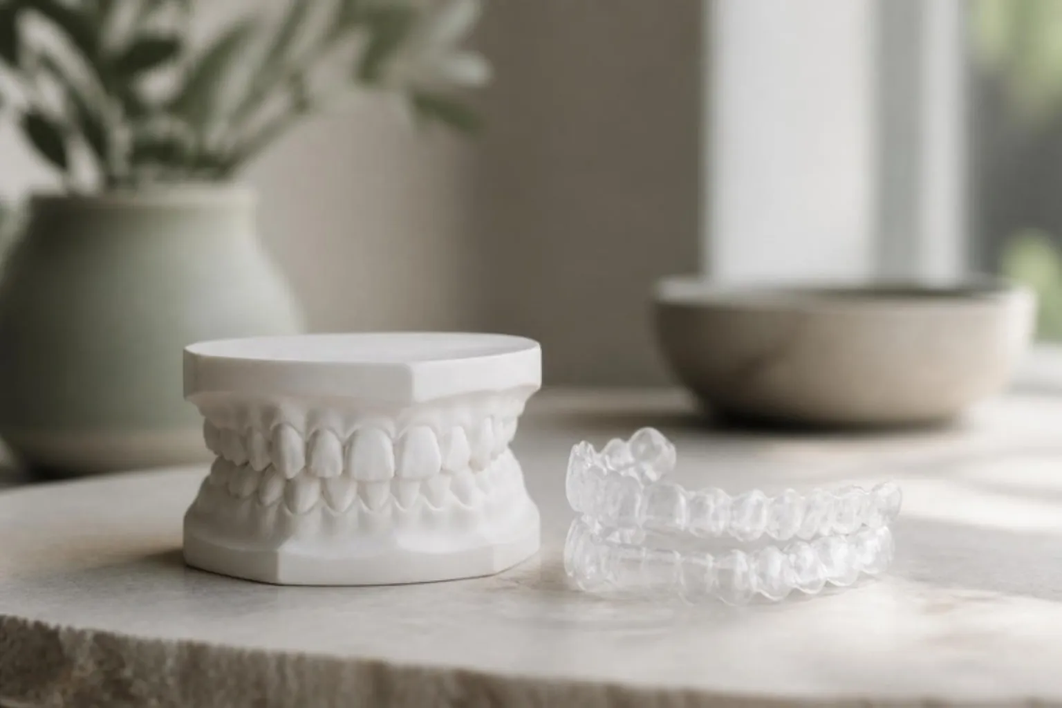 A white dental model and a clear aligner side by side