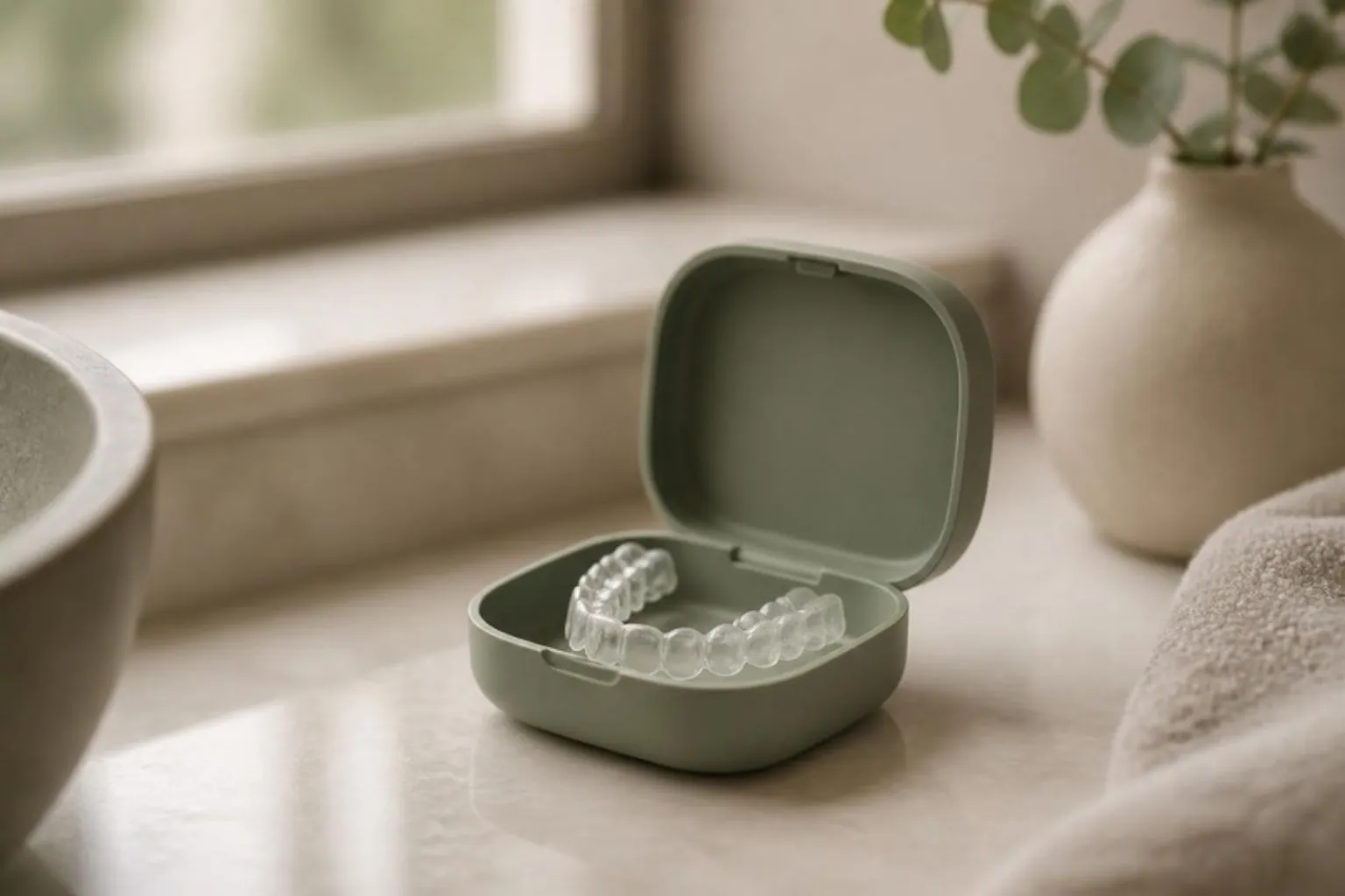 A clear retainer in its case on a bathroom shelf