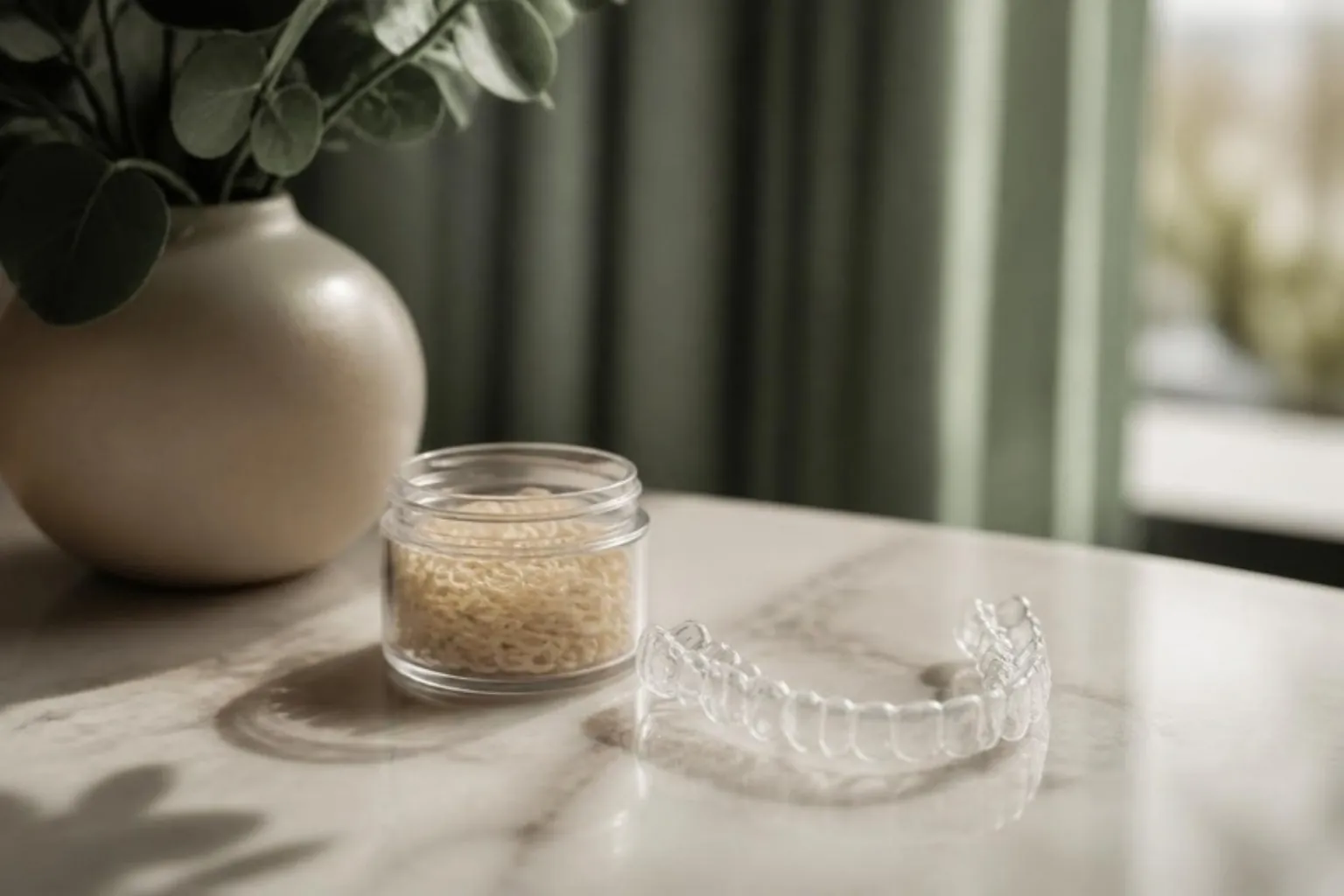 Small orthodontic elastics in a clear pot beside a clear aligner