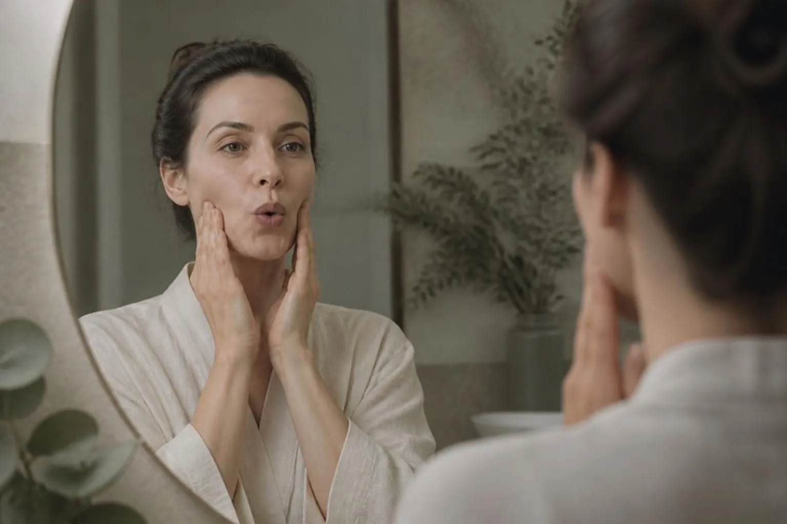 A woman practising a facial exercise in front of a bathroom mirror