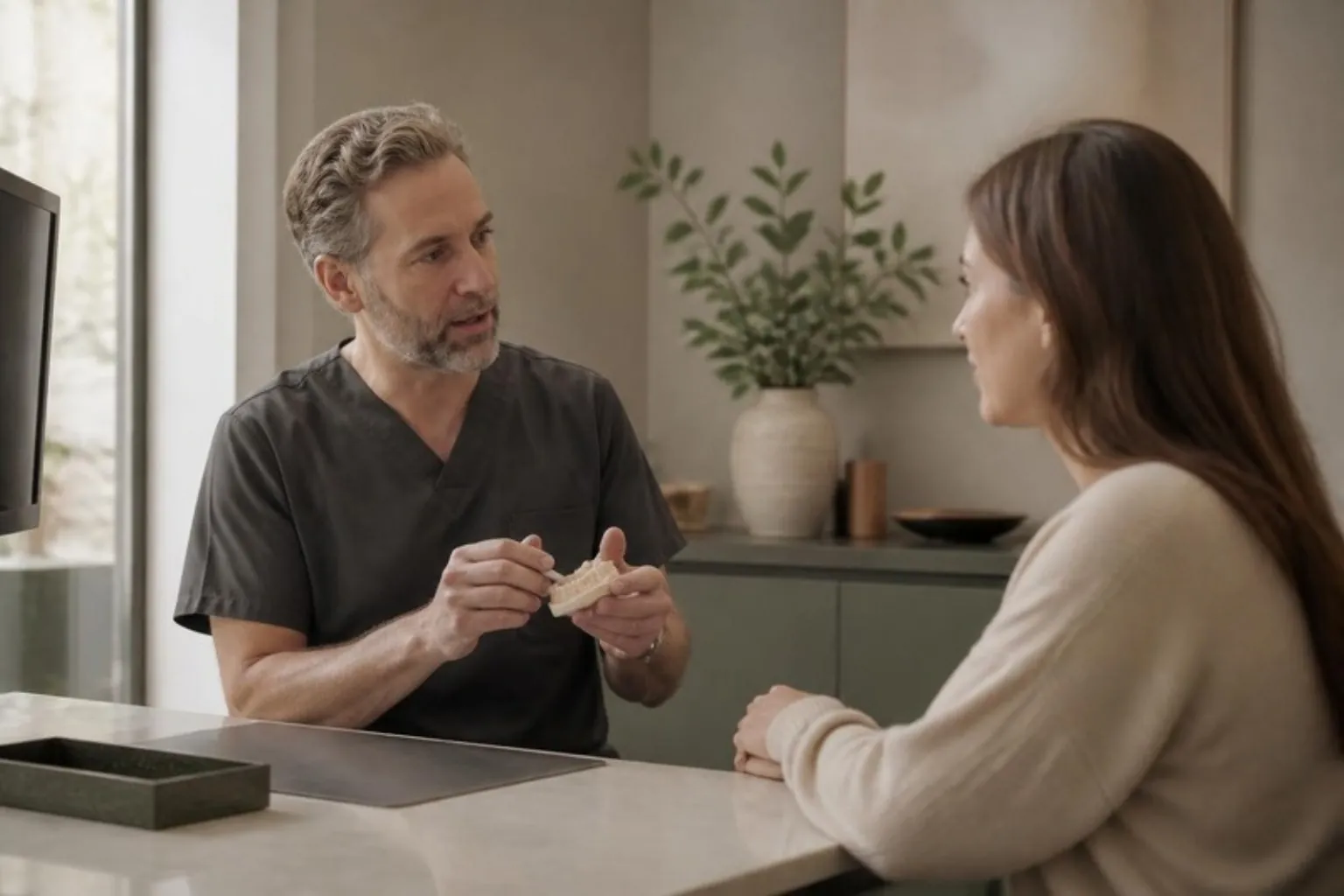 A dentist talking with a patient in a calm consultation room, warm light