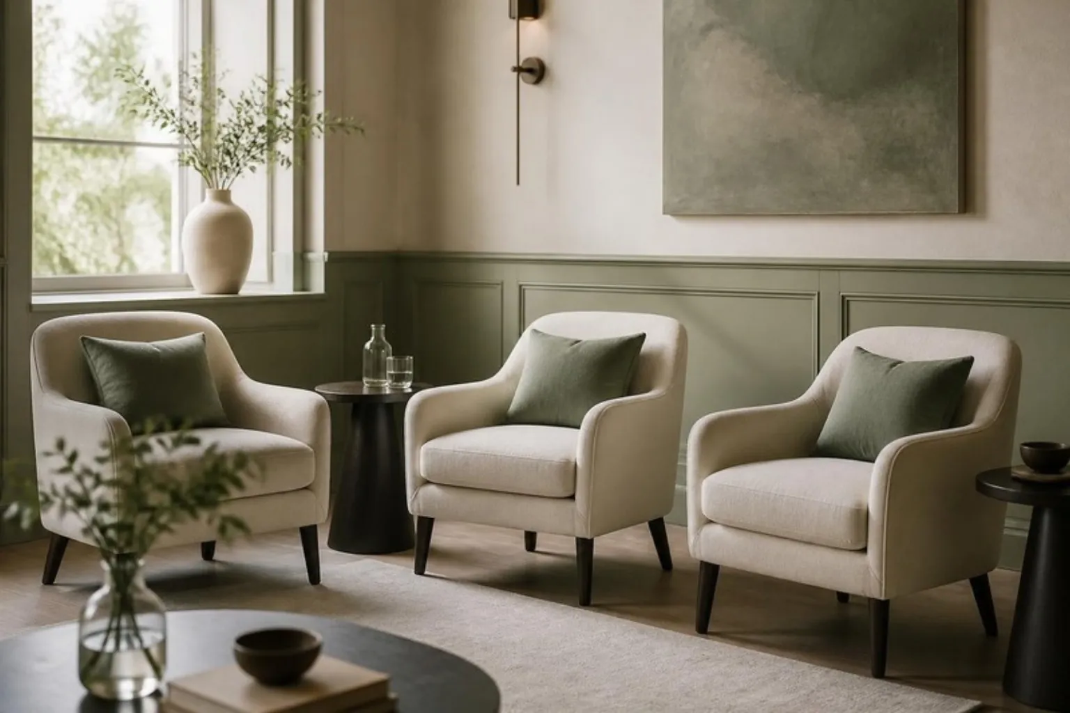 Three empty armchairs arranged in a calm clinic lounge, warm daylight