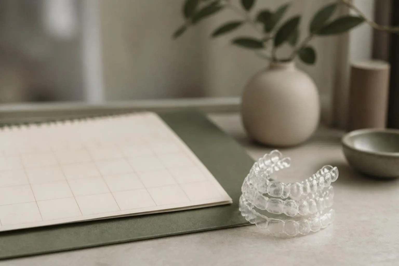 A small stack of clear aligner trays and a paper calendar on a desk, soft light