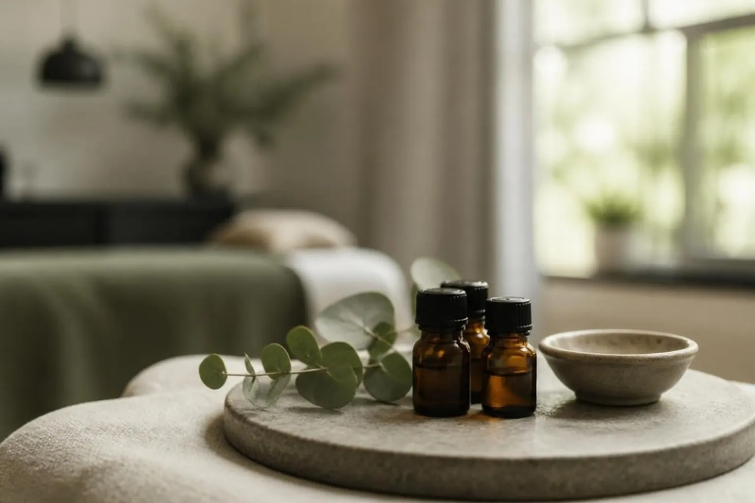 Small amber glass vials on a stone tray in a calm treatment room