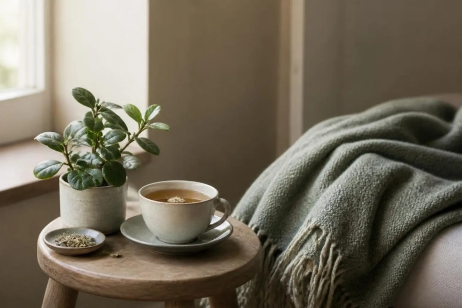 Herbal tea, a soft blanket and a plant on a stool in calm morning light