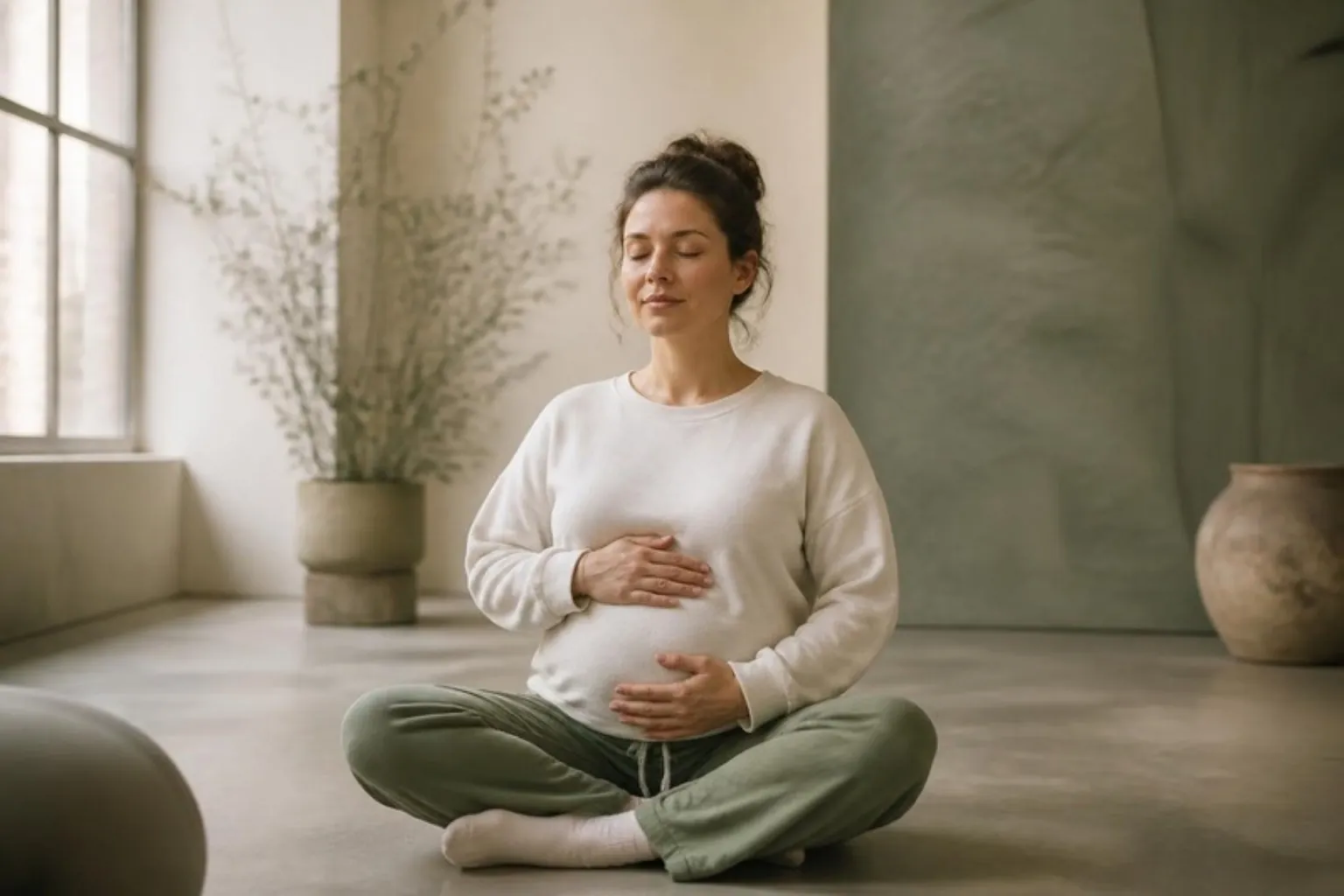 A woman sitting cross-legged with hands on her belly, eyes closed, calm studio