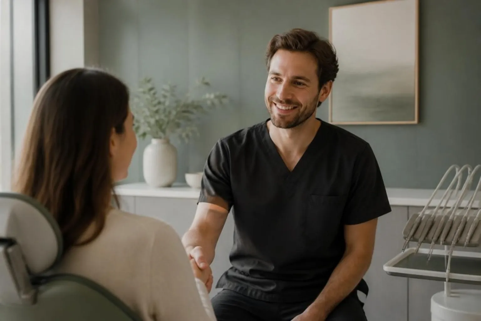 A dentist greeting a patient in a calm modern surgery