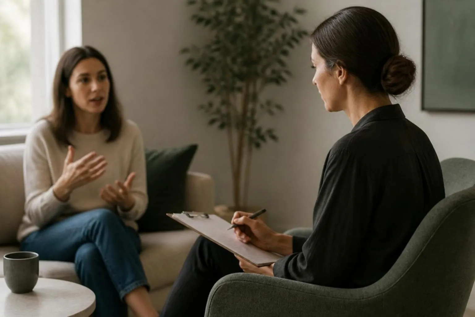 A clinician taking notes on a clipboard while a patient talks, calm lounge