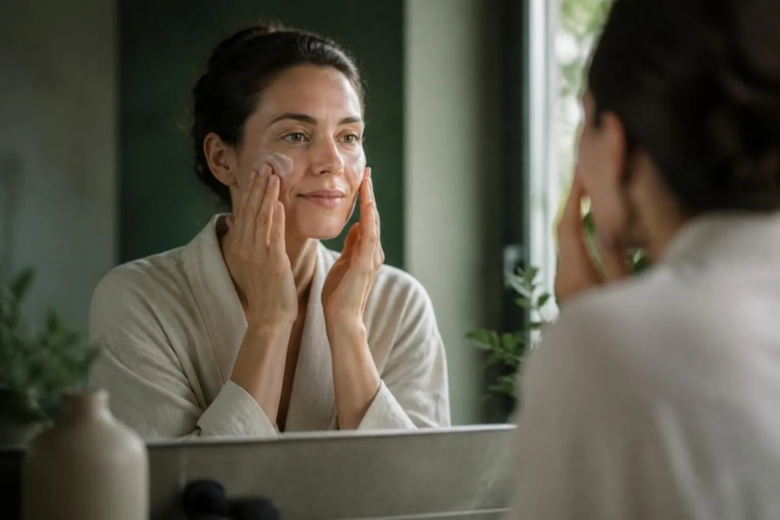 A woman applying a gentle moisturiser to her face in a bathroom mirror