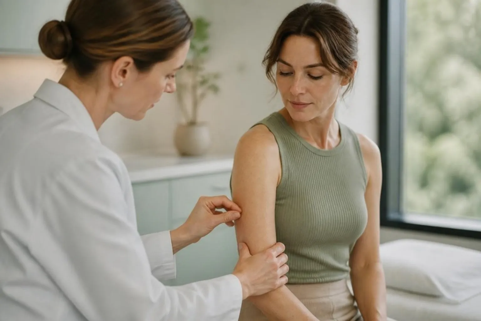 A clinician assessing the skin on a woman's upper arm, soft daylight