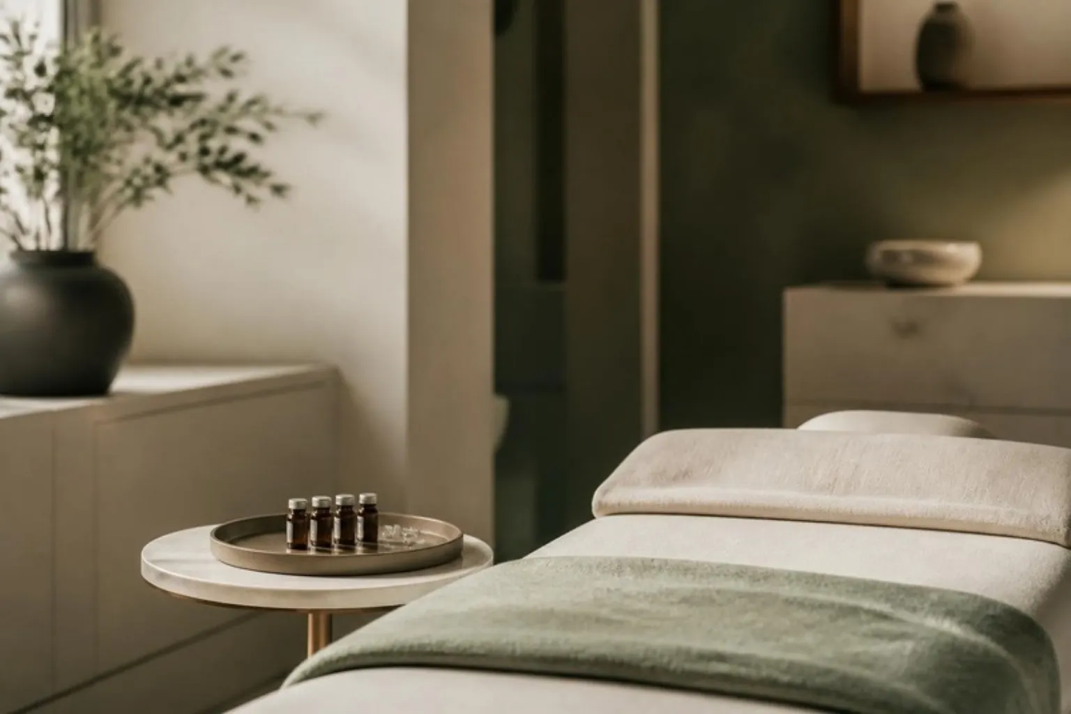 A calm treatment room with a couch and a small tray of vials