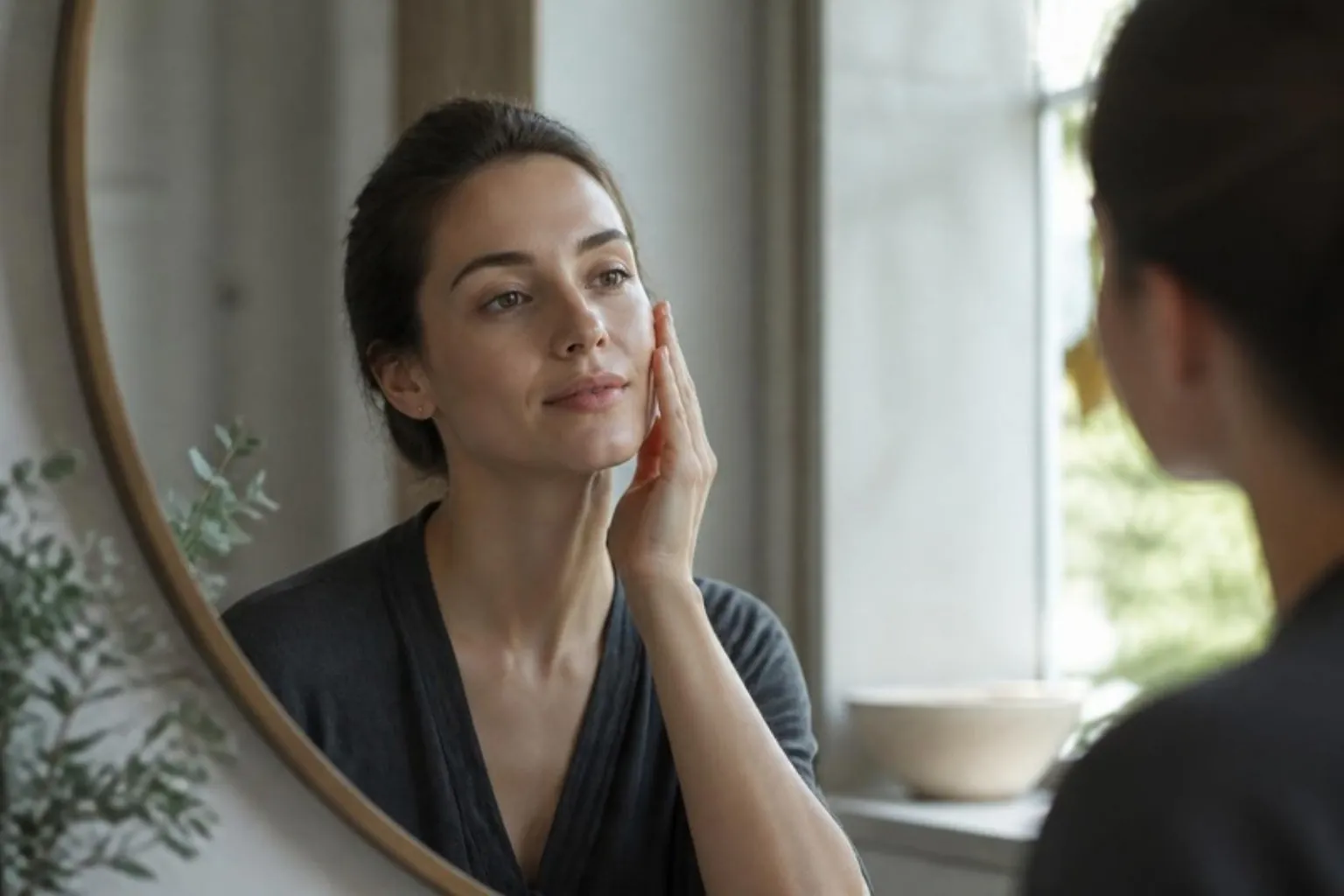 A woman touching her cheek in a mirror, fresh hydrated skin, morning light