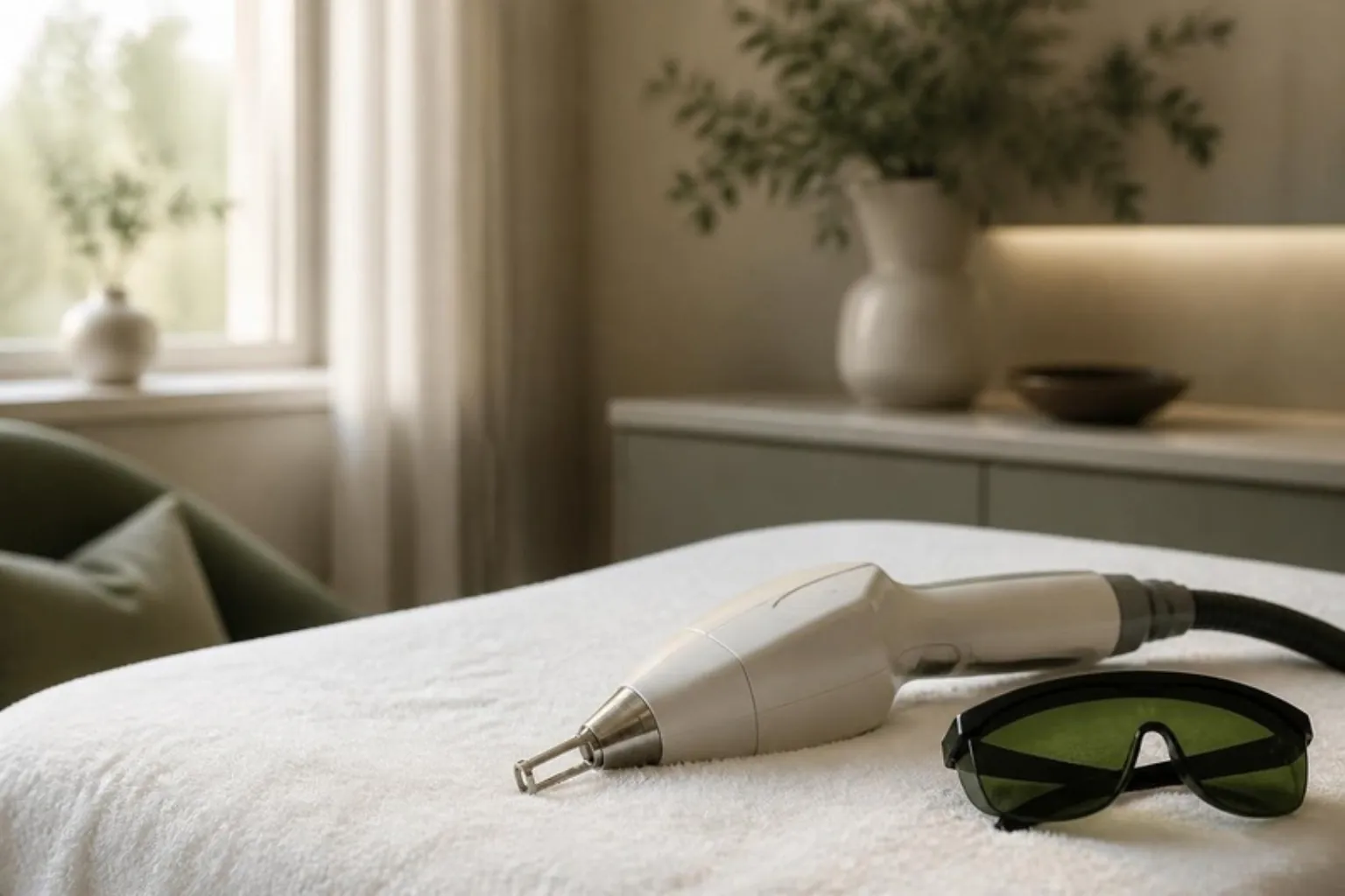 A laser handpiece resting on a white towel beside protective goggles