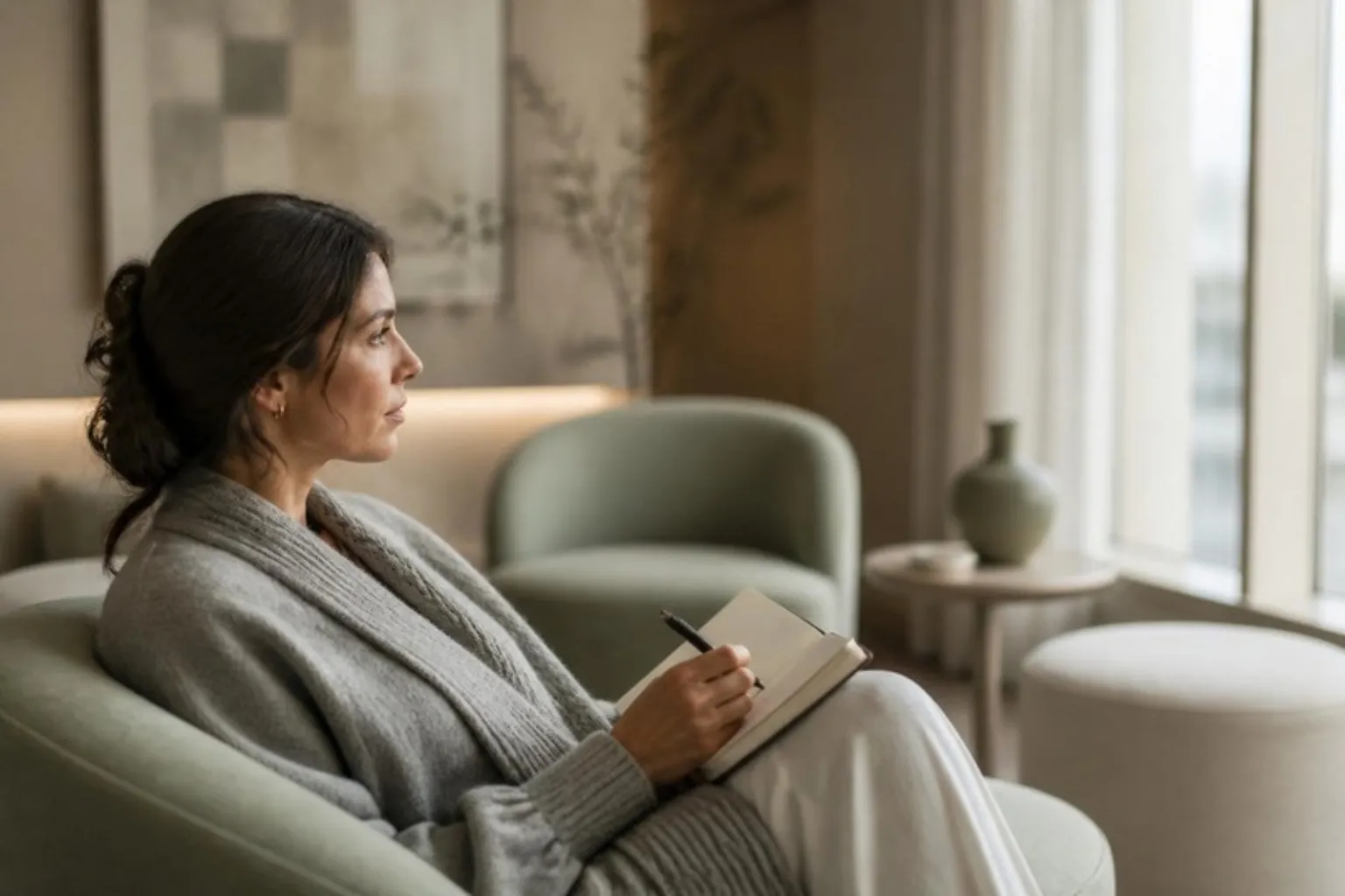 A patient holding a small notebook with questions in a calm waiting lounge