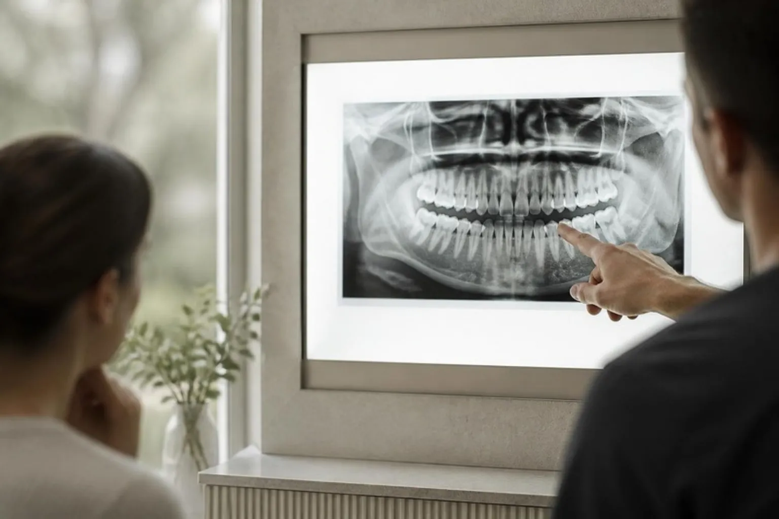 A dental x-ray on a light box showing the back teeth, calm surgery