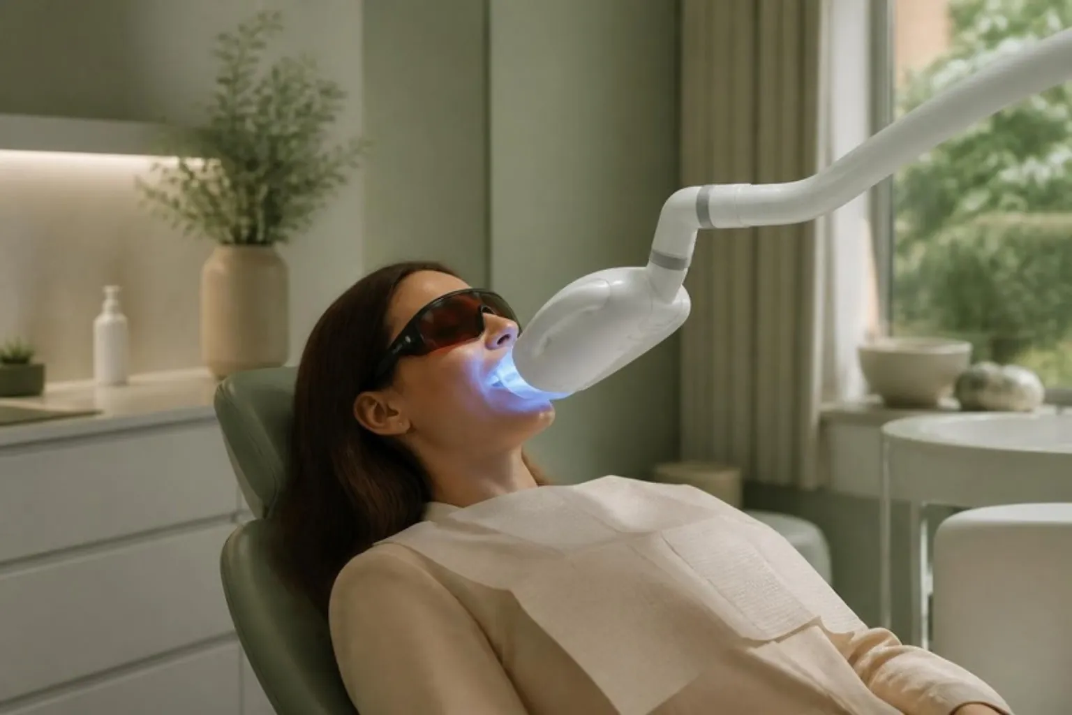 A patient in a dental chair with a whitening lamp positioned, calm modern surgery