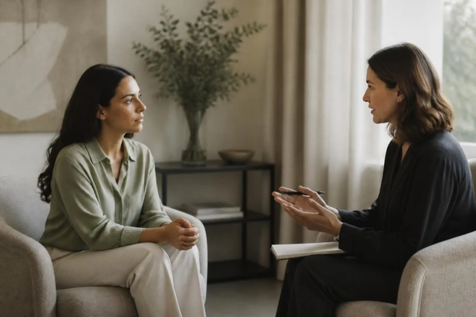 A woman talking with a clinician in a calm consultation room, both seated, natural light