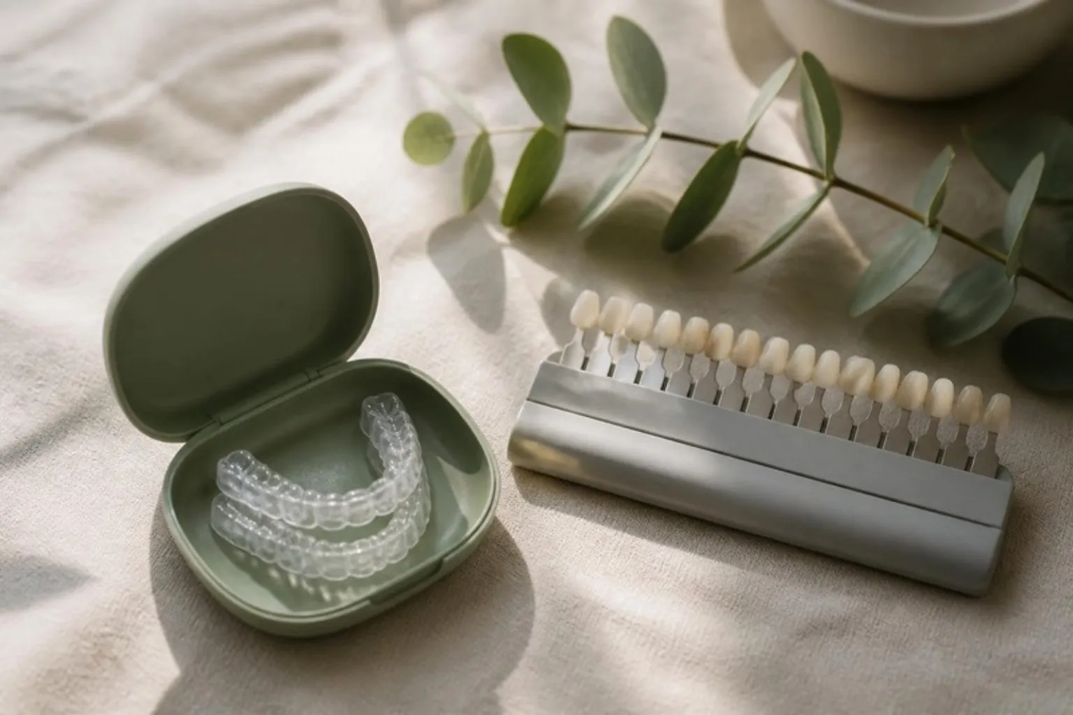 A home whitening tray case beside a professional whitening shade guide on cream linen