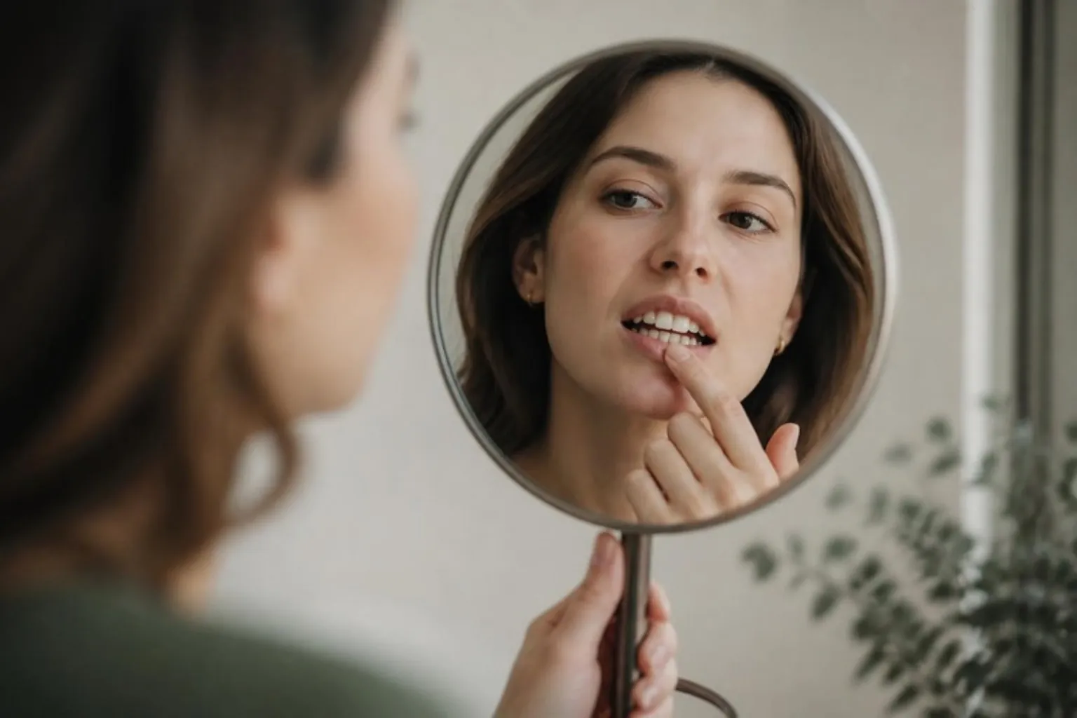 Close crop of a woman examining slightly crooked front teeth in a hand mirror