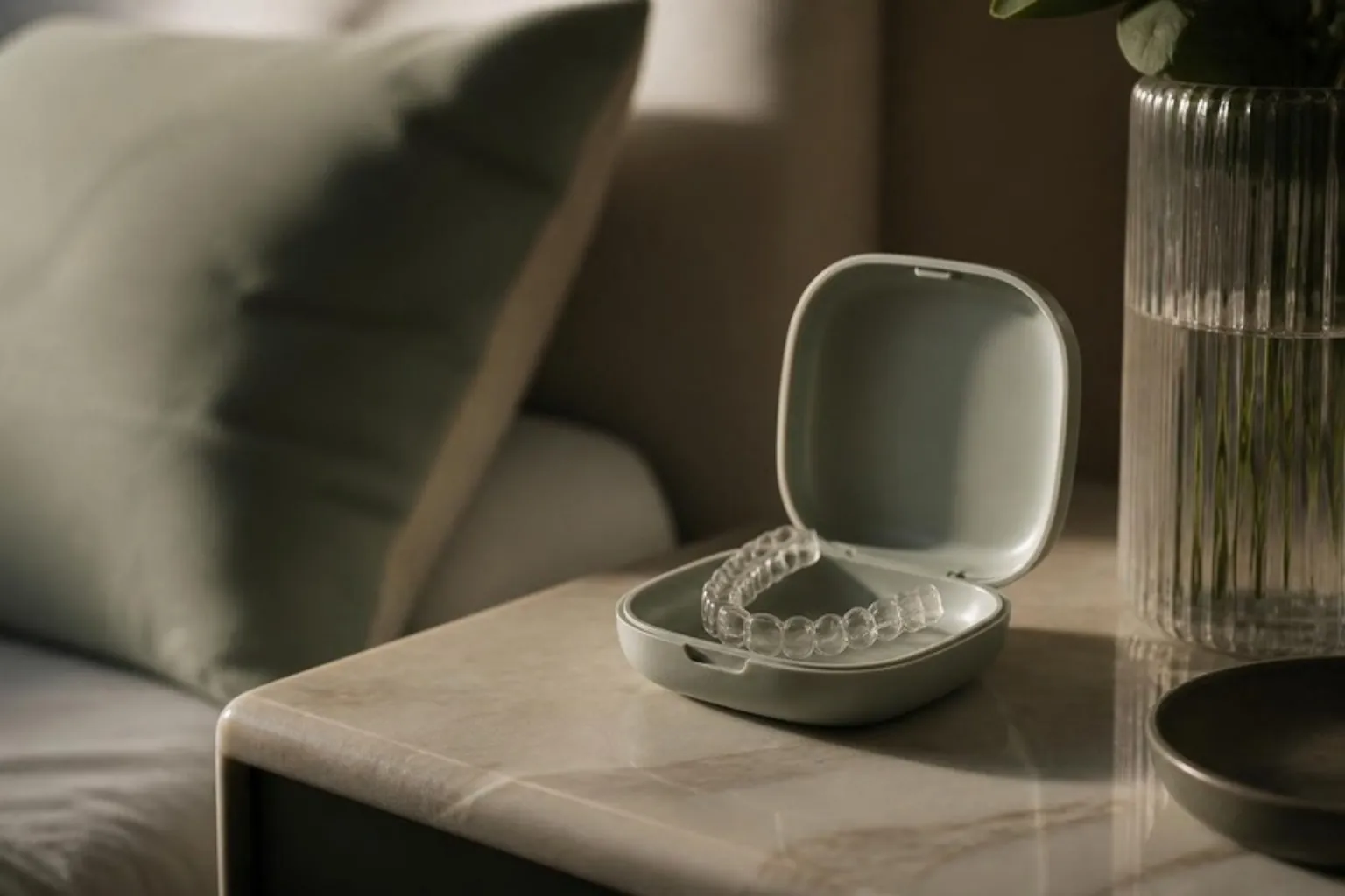 A clear retainer in an open case on a bedside table, evening light
