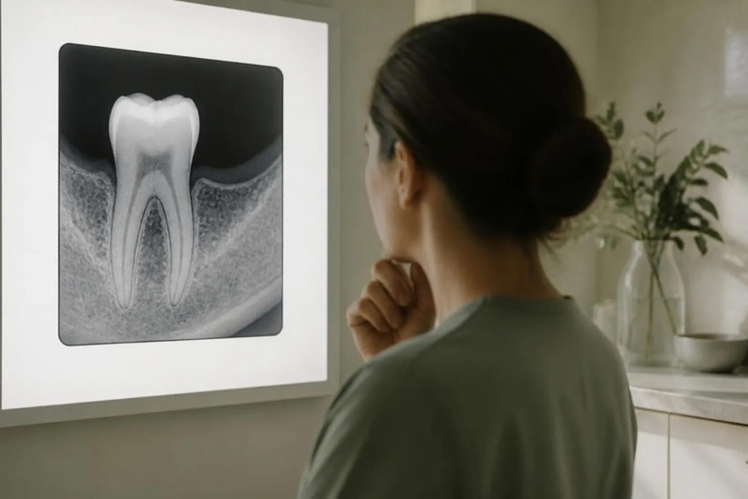 A dental x-ray of a single tooth on a light box, calm surgery