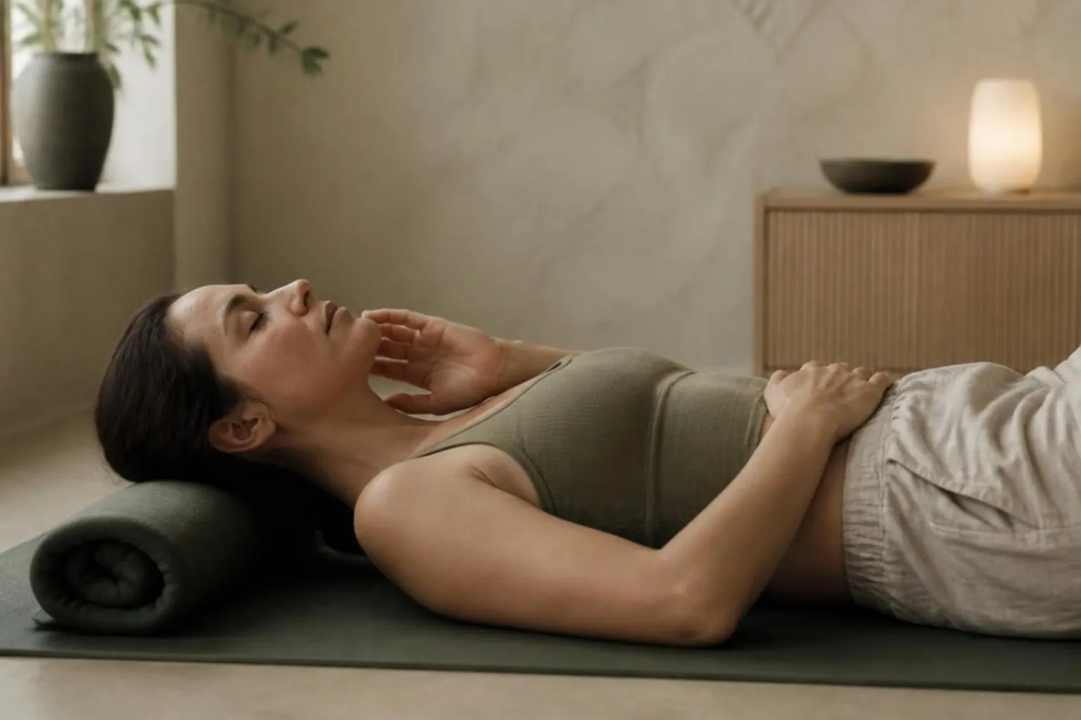 A woman lying on a mat with one hand on her jaw and one on her belly, calm studio