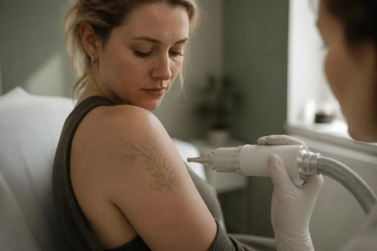 A partly faded tattoo on a shoulder, soft clinic light