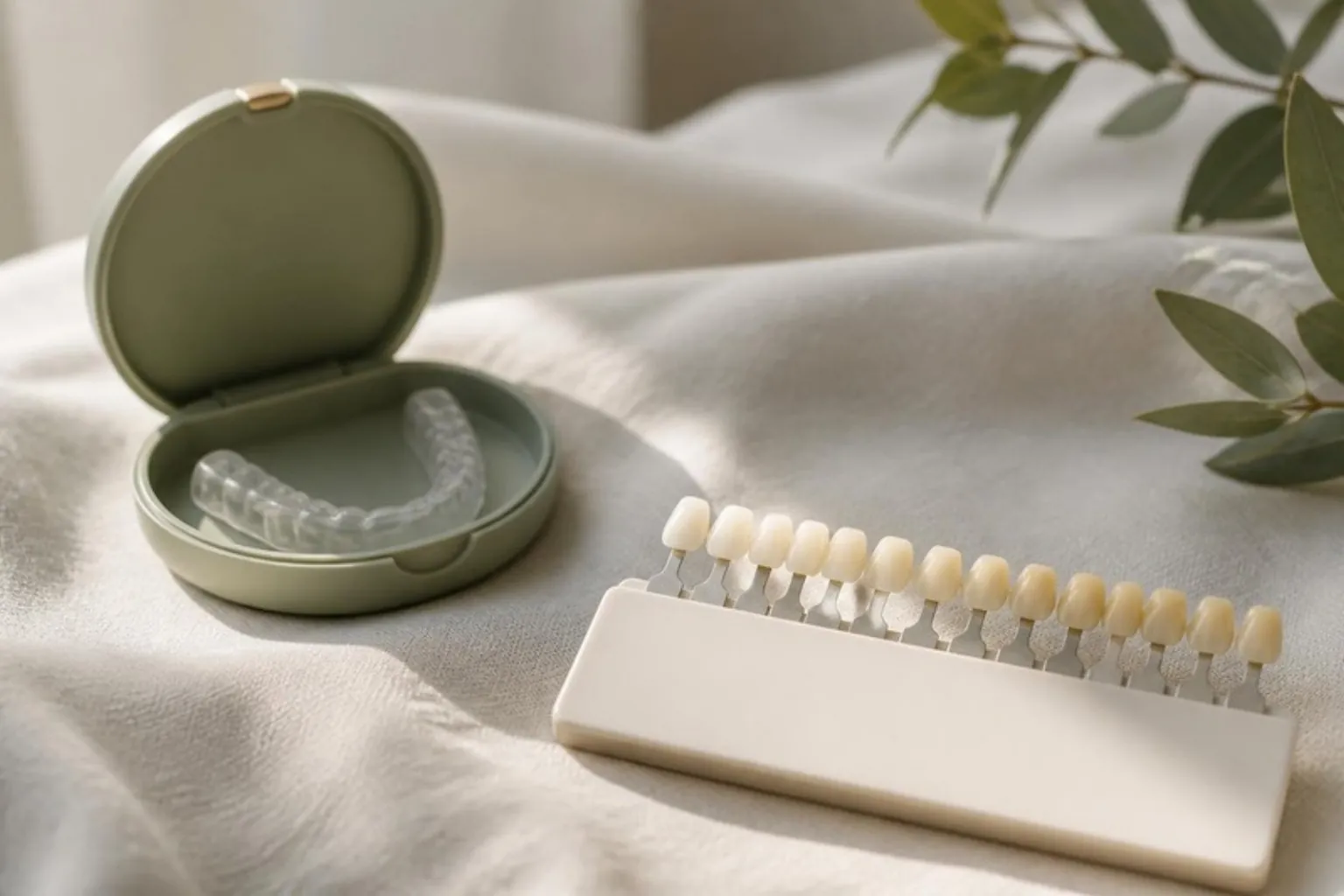 A teeth whitening shade guide laid on cream linen beside a whitening tray case