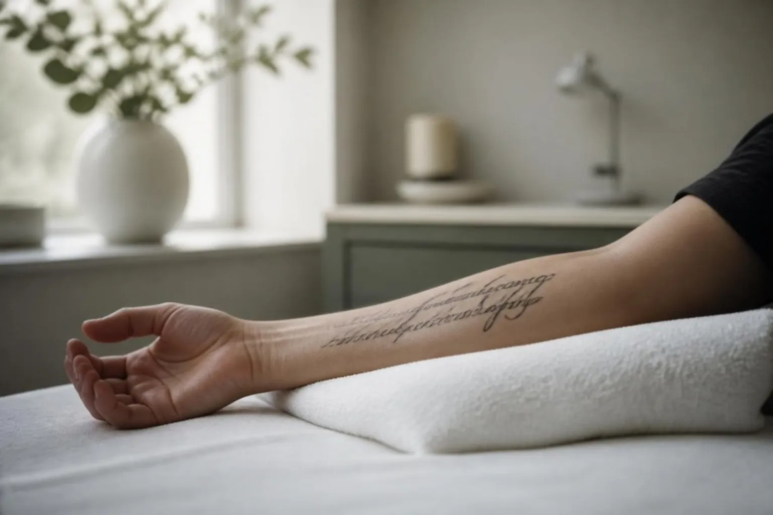 A forearm with a black script tattoo resting on a white towel in a treatment room