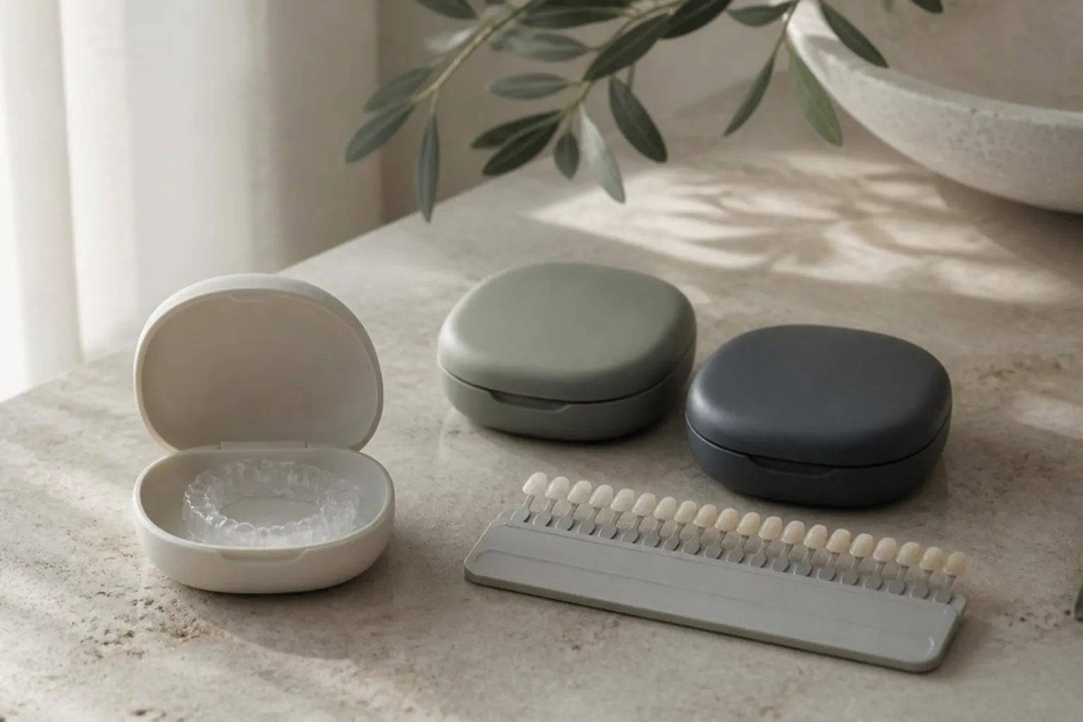 Three whitening tray cases and a shade guide arranged on a stone surface