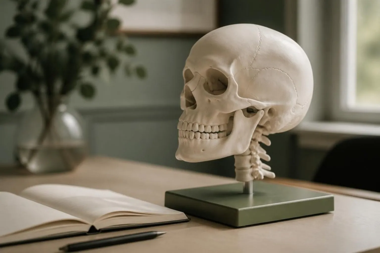 A simple anatomical model of the head and jaw on a desk beside an open notebook