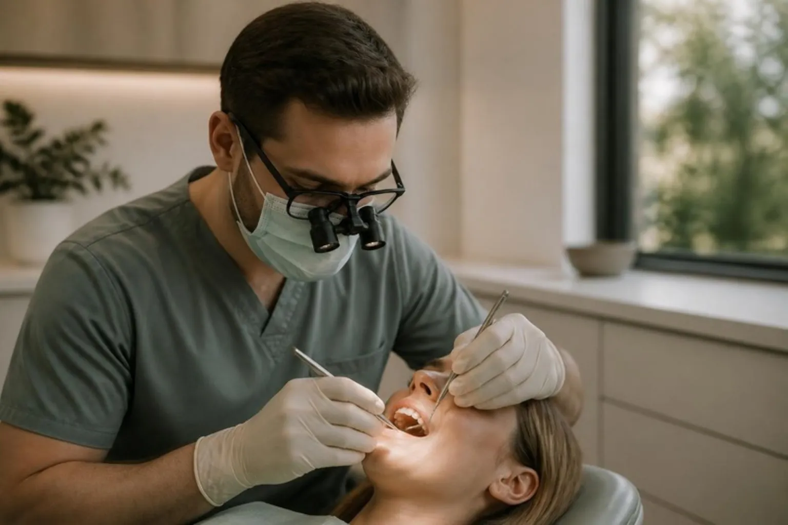 A dentist in loupes working precisely on a patient's front tooth, calm surgery