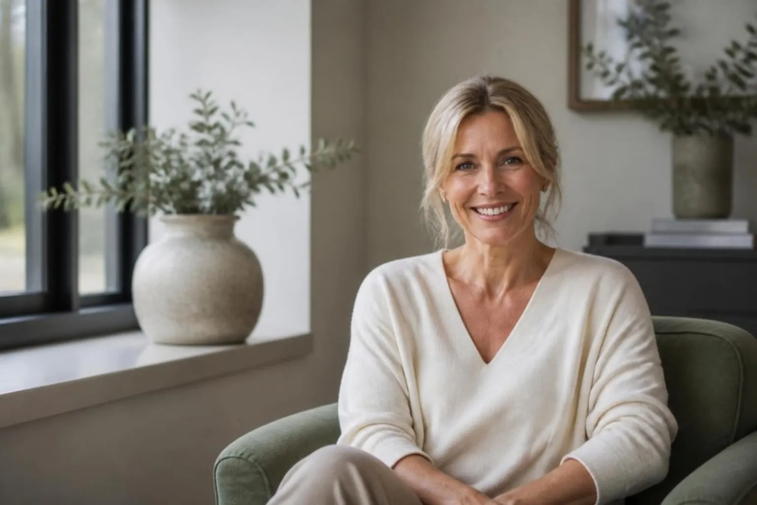A woman in her fifties smiling naturally in soft daylight
